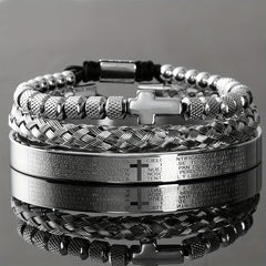 Men's Stainless Steel Cross Decor Open Bangle Bracelet