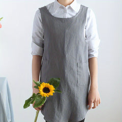 Adjustable Linen X Back Apron with Pockets for Chef Gardening Baking