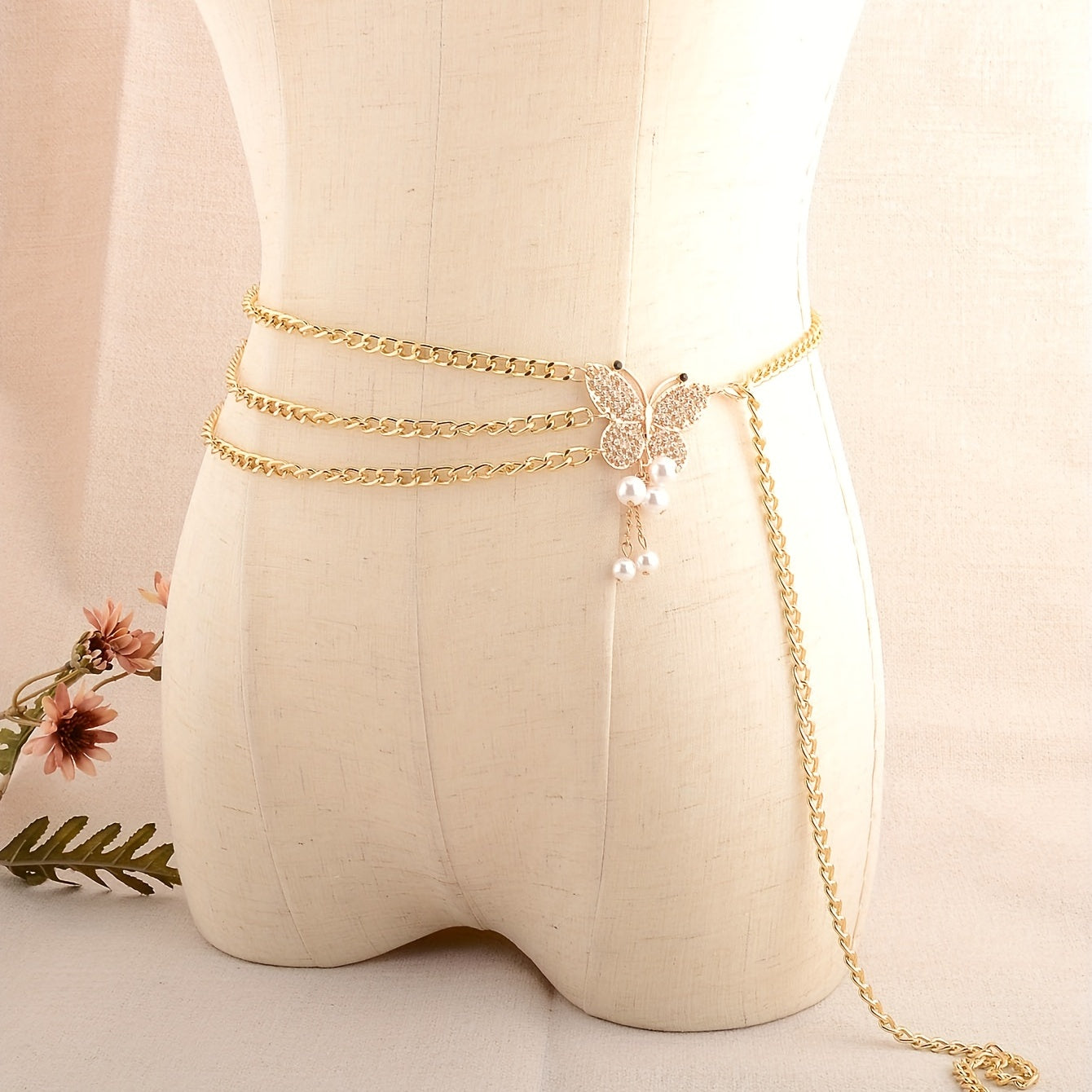 Golden Waist Chain Butterfly Buckle Faux Pearl Pendant Waistband for Women