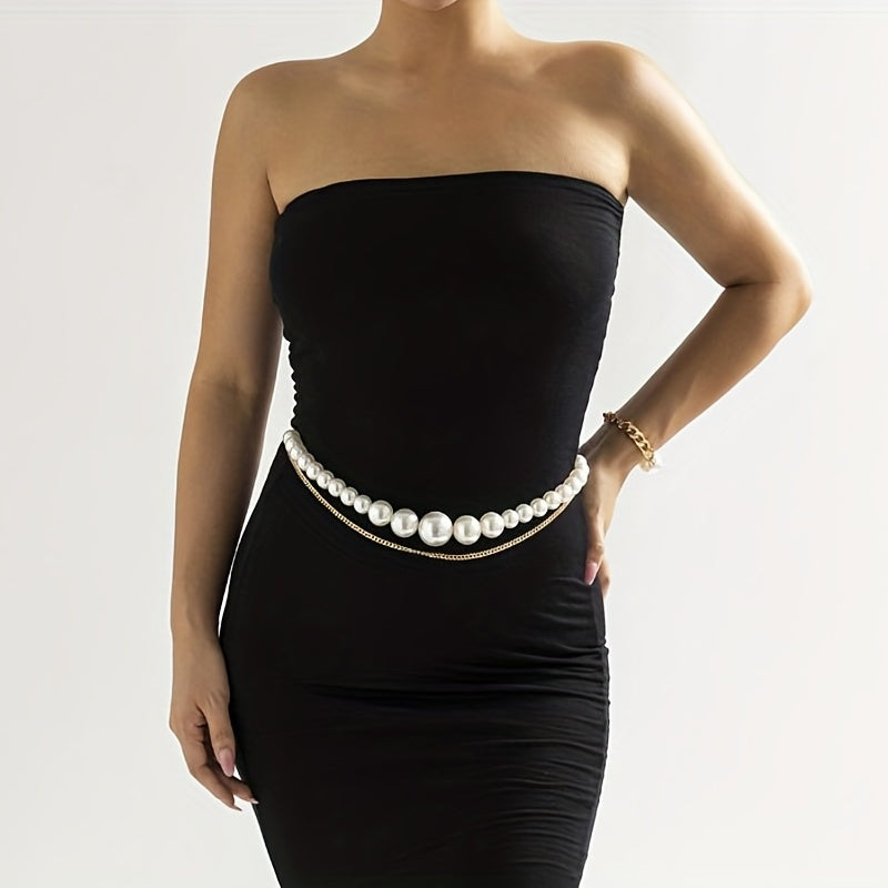 Faux Pearl Waist Chain Double Layer Metal Chain Belt Decorative Dress Girdle