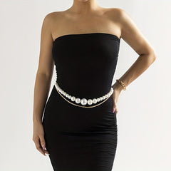 Faux Pearl Waist Chain Double Layer Metal Chain Belt Decorative Dress Girdle