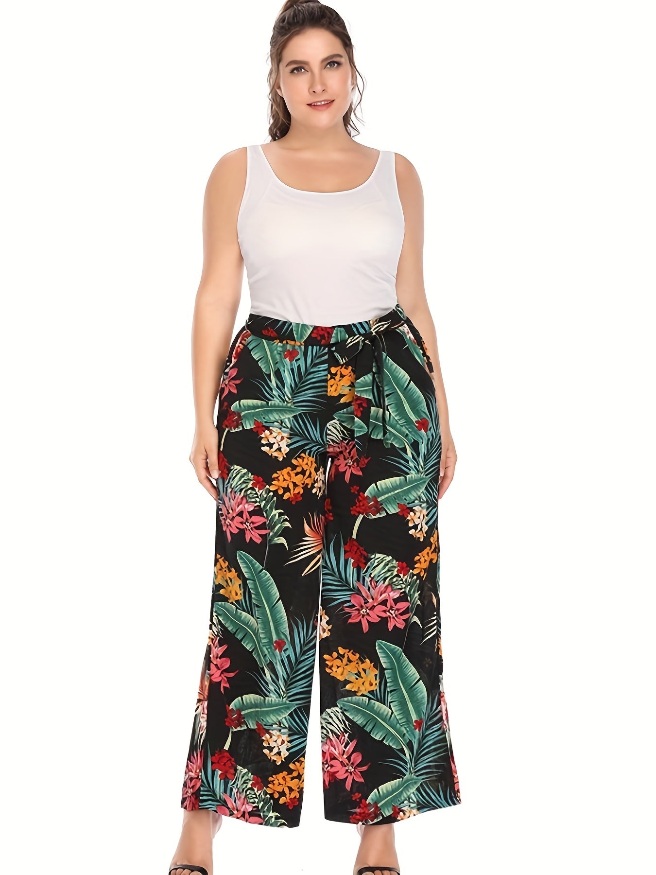 Women's Plus Tropical Print Wide Leg Pants With Belt