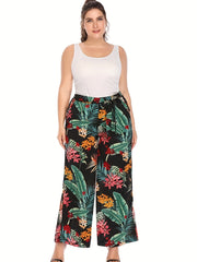 Women's Plus Tropical Print Wide Leg Pants With Belt