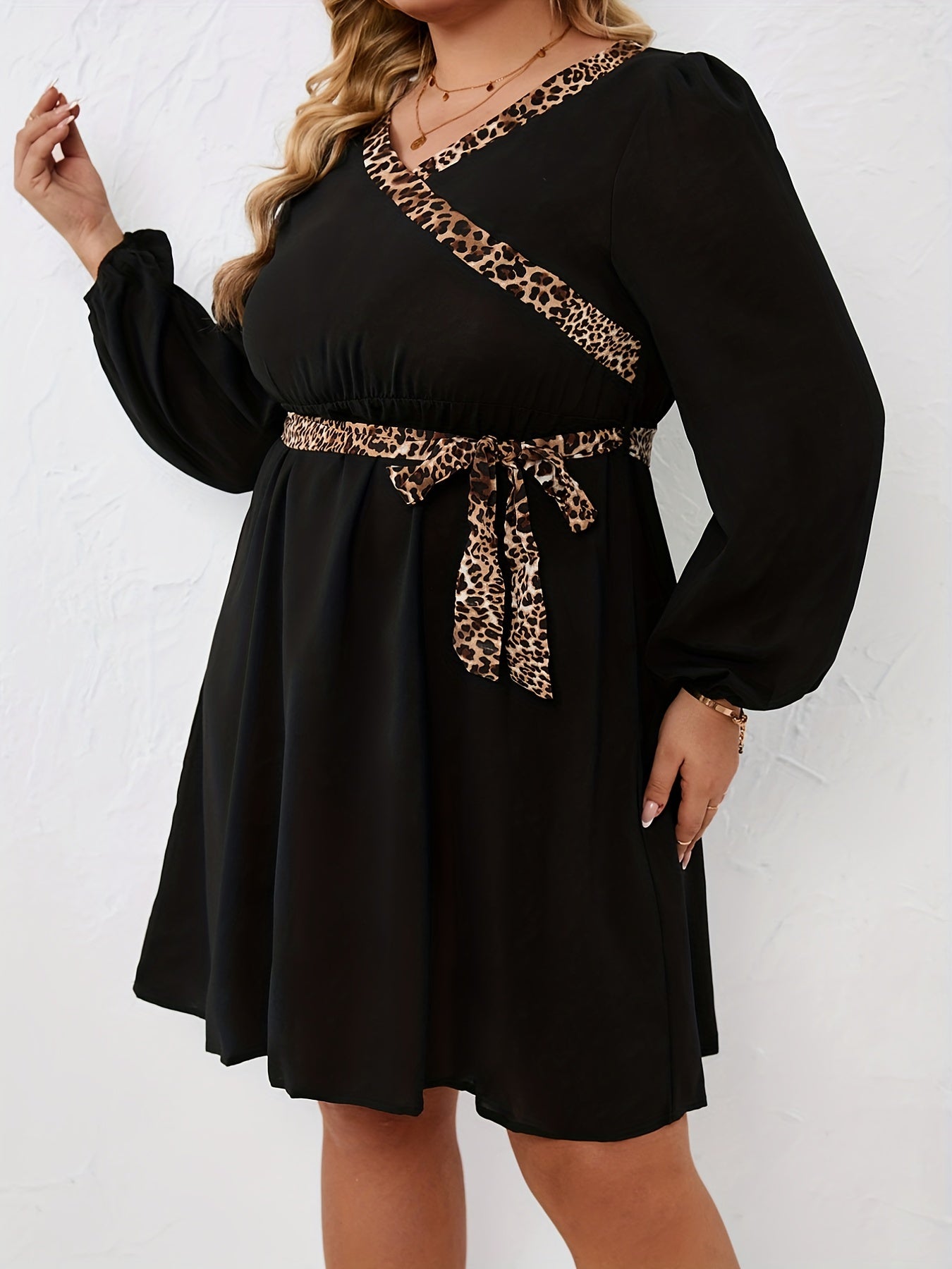 Colorblock Leopard Print Long Sleeve Belted Dress Women's Plus Medium Stretch