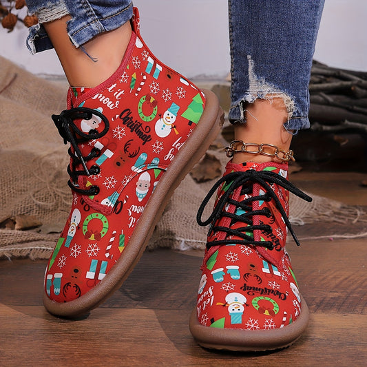 Christmas Lace-up Front Ankle Boots for Women