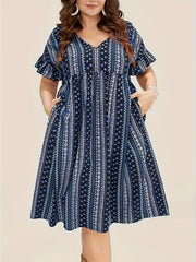  Colorblock Boho Dress V Neck Ruffle Trim Short Sleeve