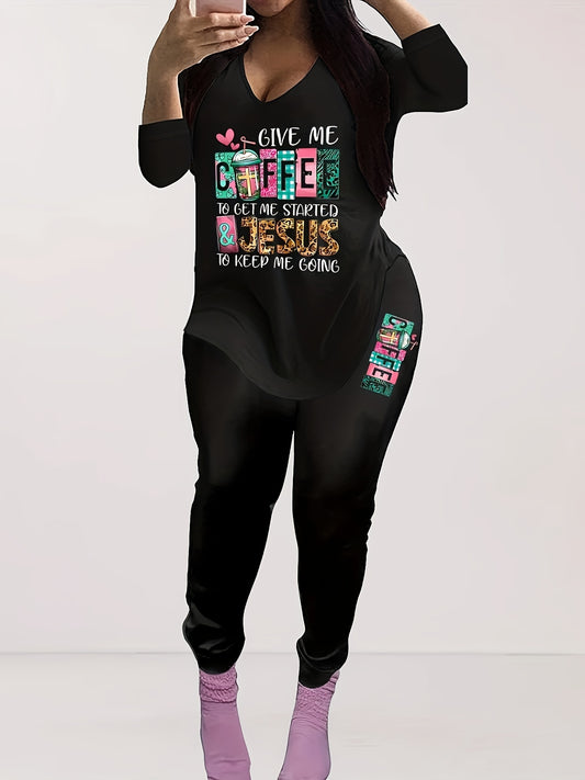 Plus Size Women's Casual 2 Piece Set Long Sleeve V Neck Top & Leggings