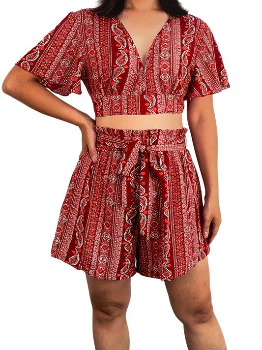 Paisley Print Two Piece Set Plunging V Neck Top & Wide Leg Shorts