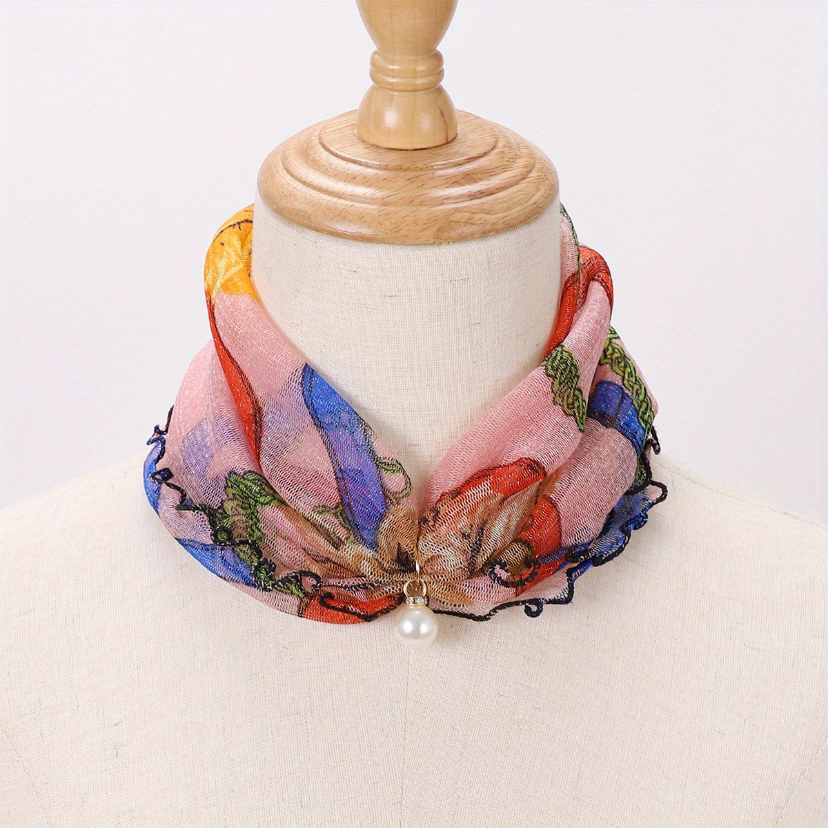 Ruffles Neck Gaiter Loop Scarf Faux Pearl Decor Warm Infinity Scarves