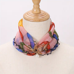 Ruffles Neck Gaiter Loop Scarf Faux Pearl Decor Warm Infinity Scarves