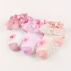 3 Pairs Kids Heart Graphic Lace Trim Princess Crew Socks