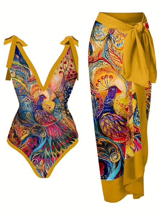 Peacock Print Two Pieces Swimsuit with Cover Up Shirt