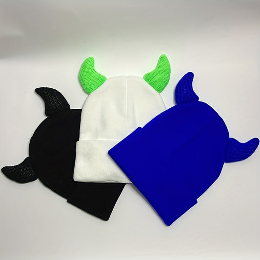 Y2K Solid Knitted Hat Halloween Hat Cow Horn Knitted Hat Unisex