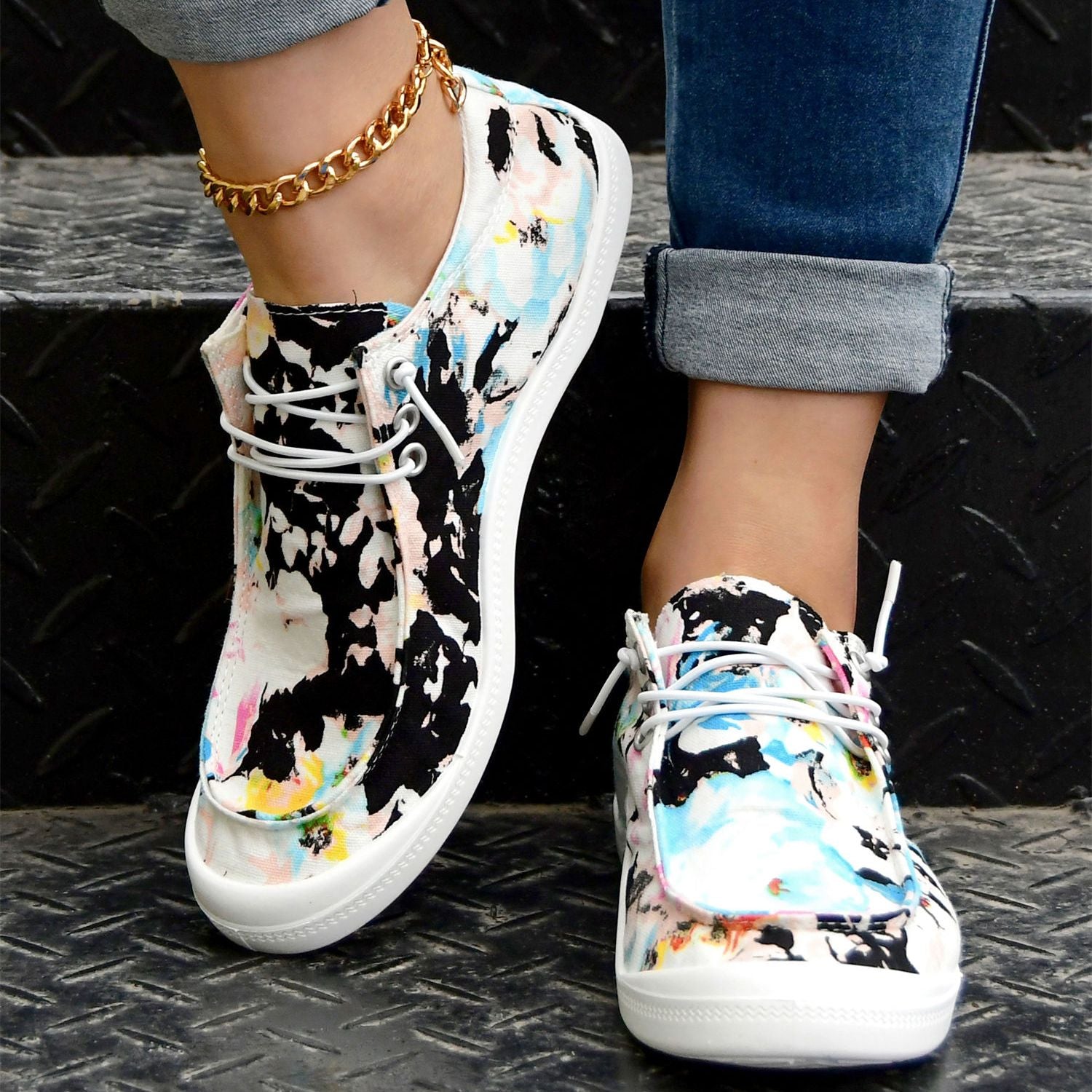 Tie Dye Canvas Low Top Lace Up Comfy Shoes Women's Flat