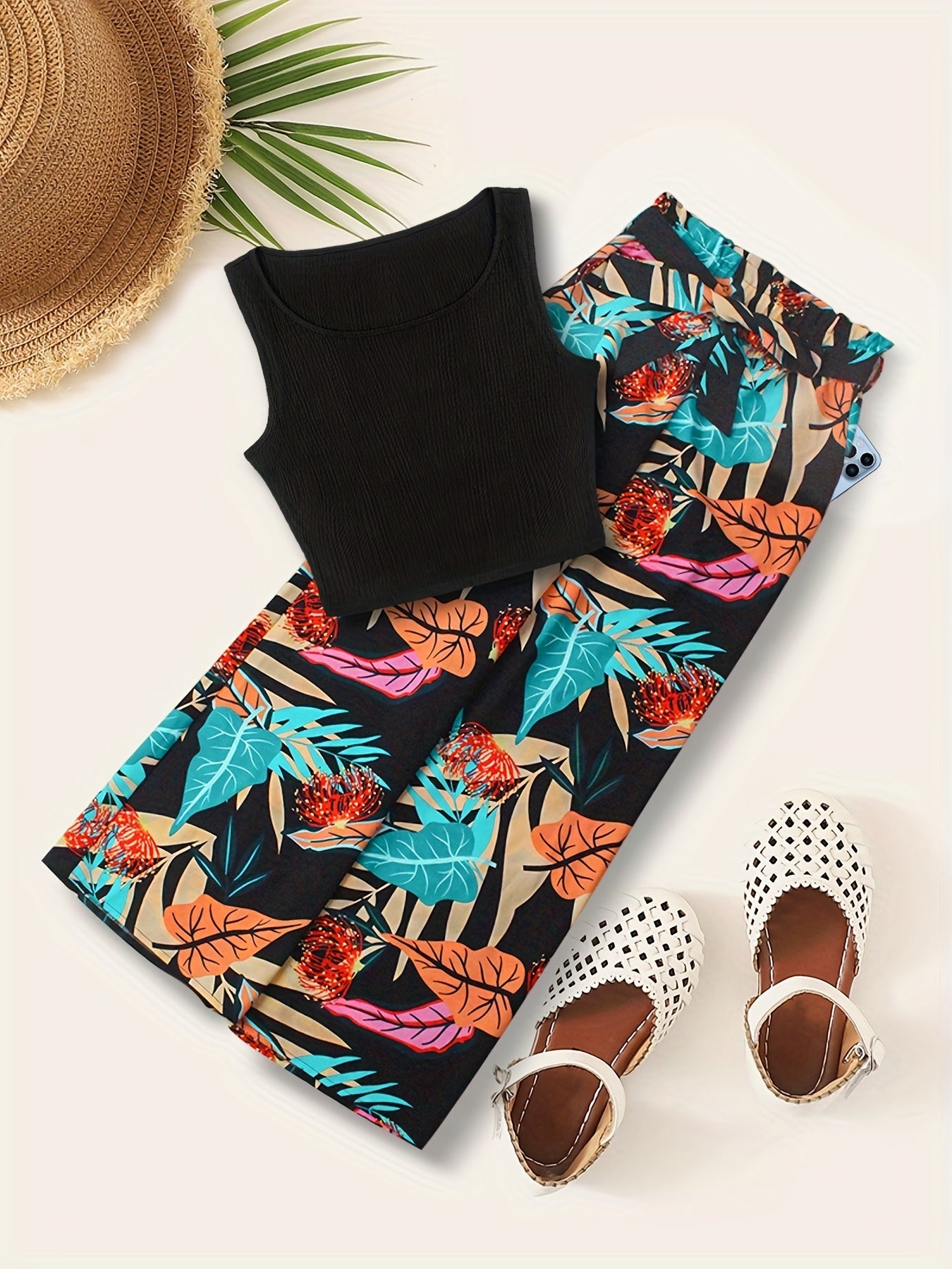 Boho Tank Top & Tropical Print Wide Leg Pants Set
