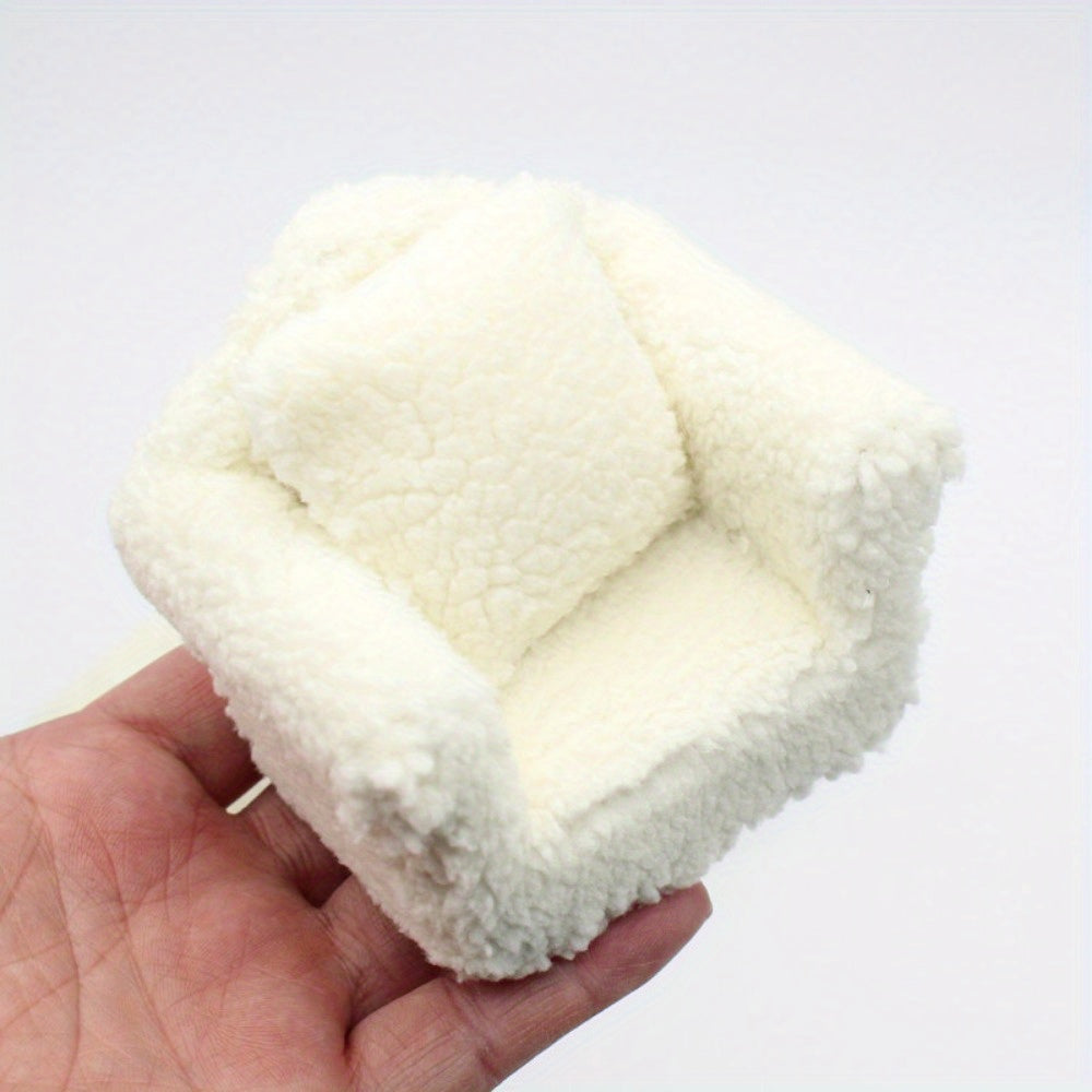 Soft Beige Plush Single Sofa with Pillow for Dollhouse