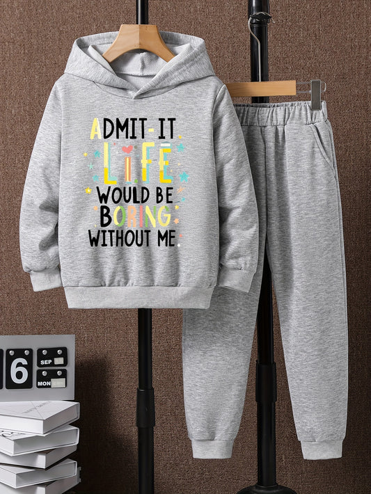 Boys Hoodie & Sweatpants Set, Letter Print, Casual, Long Sleeve, Loose Fit