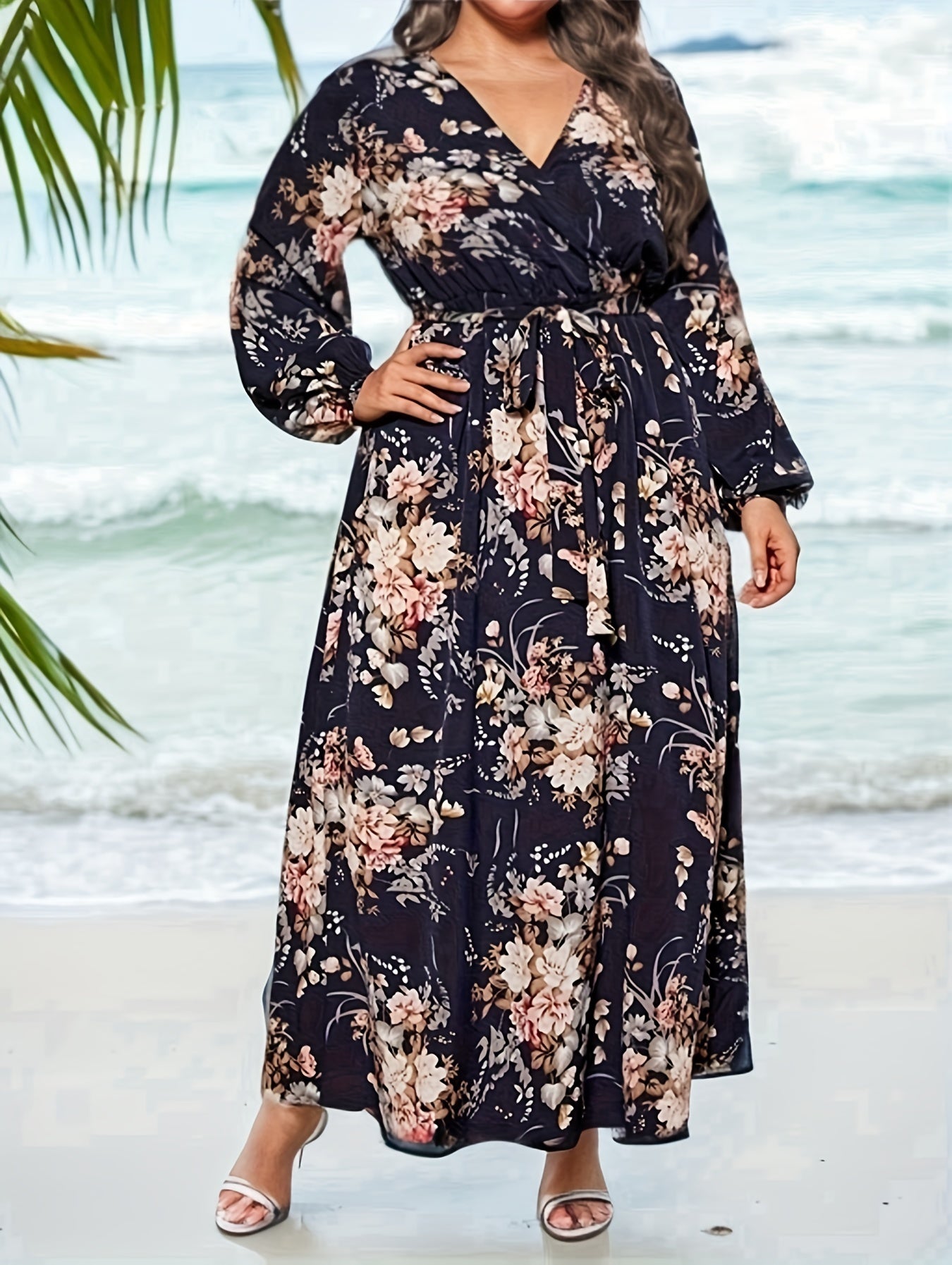  Floral Lantern Sleeve Maxi Dress With Belt