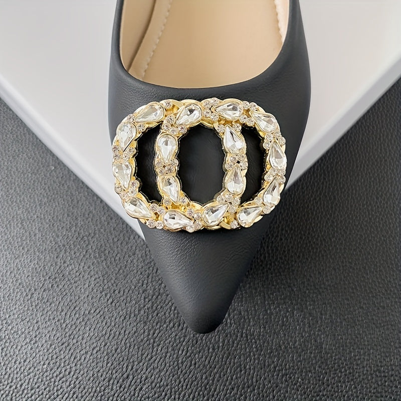 Women's Rhinestone Decor Slip-On Shallow Mouth Chunky Heel Shoes