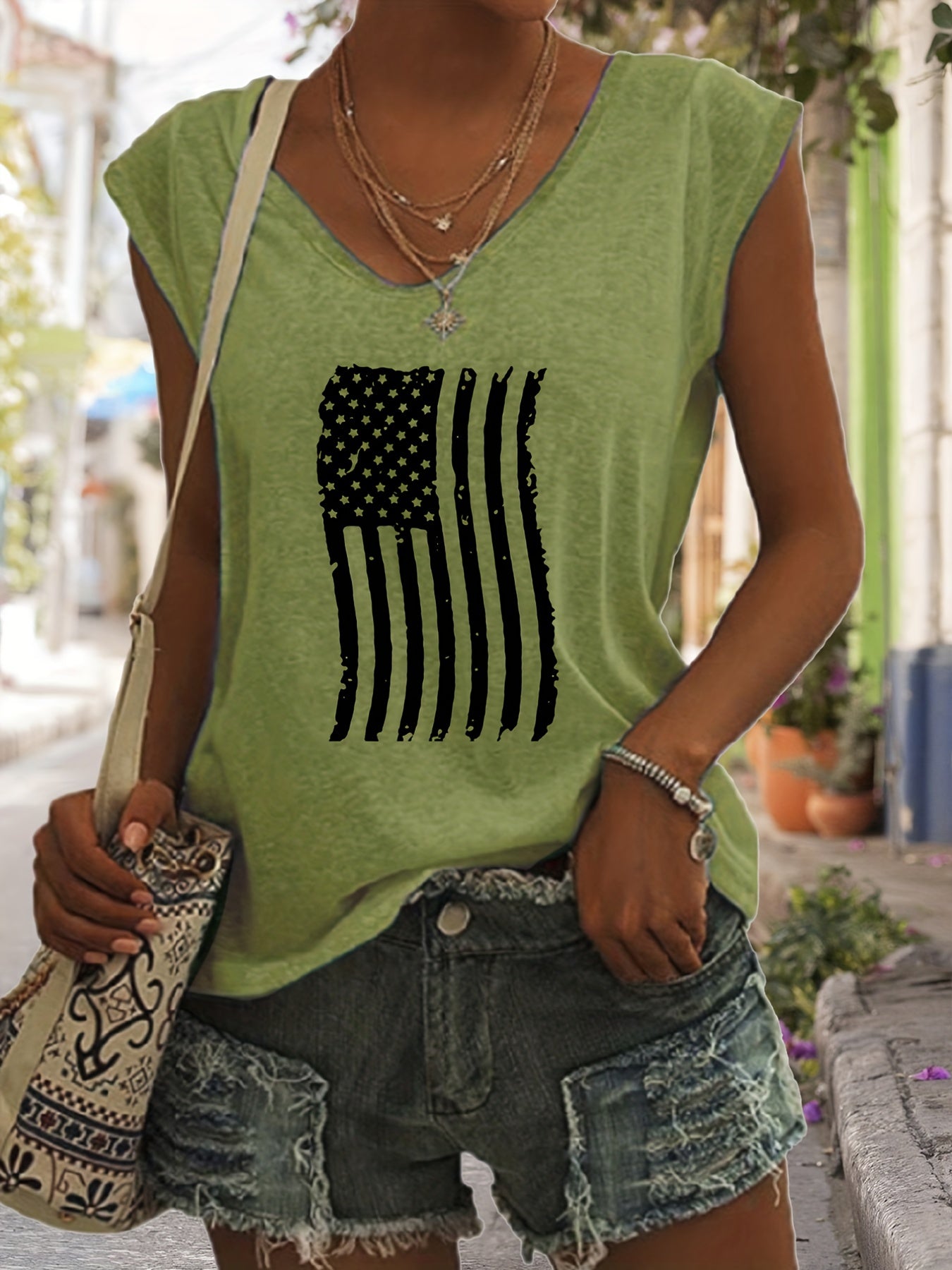 American Flag Print Tank Top V Neck Summer Sleeveless Top