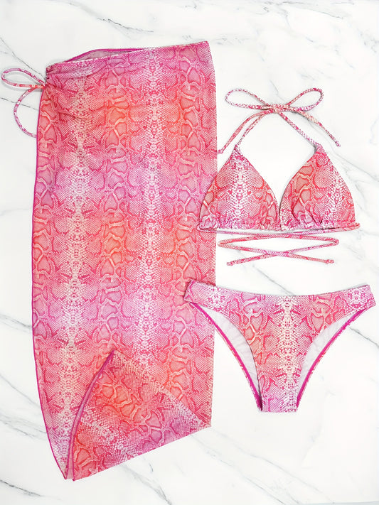 Snakeskin Print Bikini Set with Cover Up Skirt Swimsuit