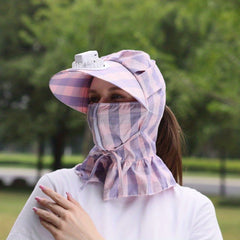 Plaid Print Fan Sun Hat with Neck Gaiter and Face Covering