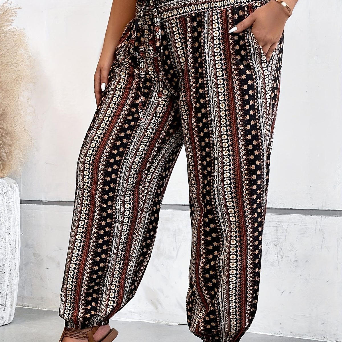  Boho Patchwork Print Drawstring Pants