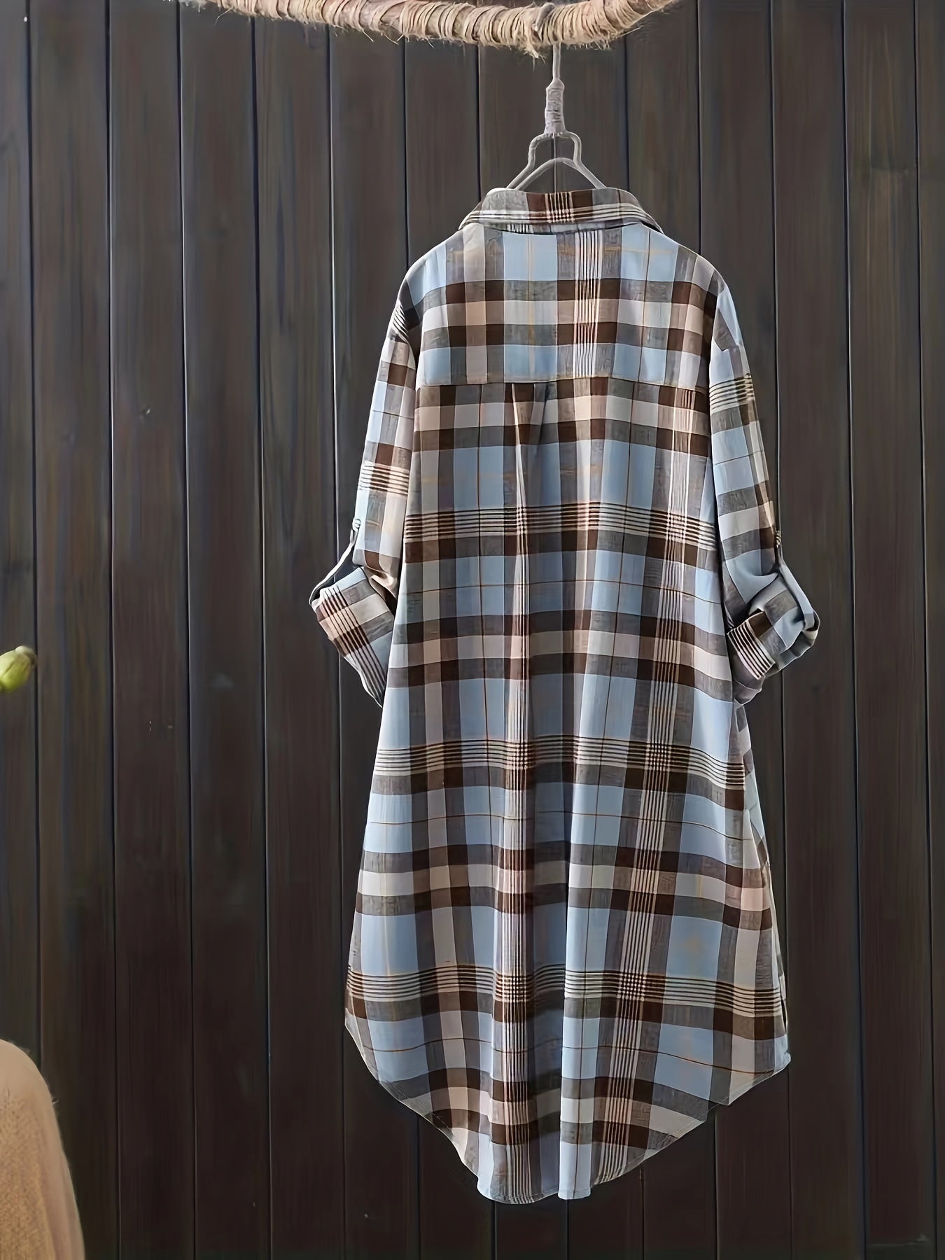 Casual Plaid Print Long Sleeve Button Up Tunic Shirt