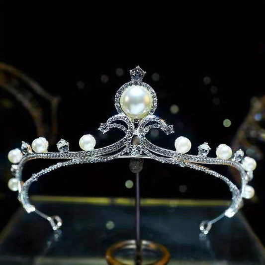 Faux Pearl Silvery Headband Rhinestone Crown Bridal Hair Accessory
