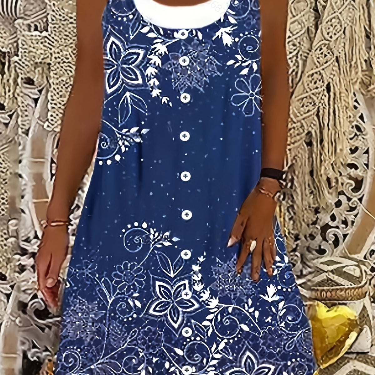  Floral Print Tank Dress Colorblock Round Neck Casual Stretch