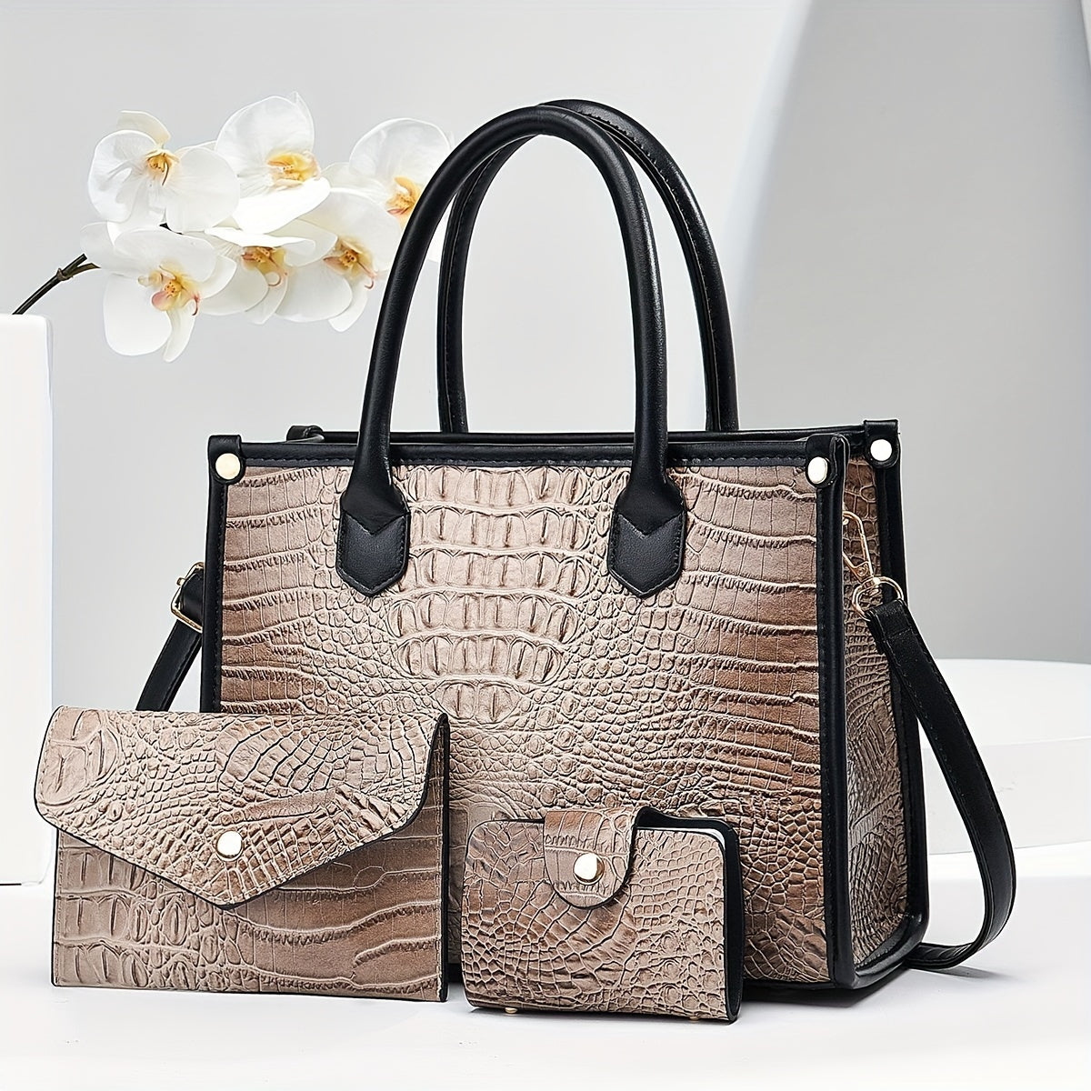 3pcs Crocodile Pattern Faux Leather Handbag Set