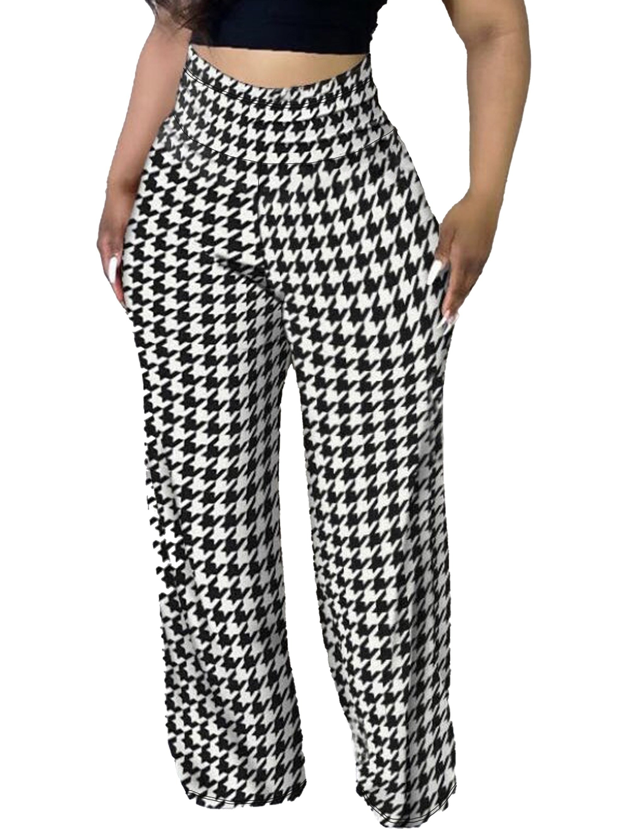  Houndstooth Print Wideband Waist Straight Leg Trousers