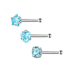 3 Pcs Heart Star Round Zircon Nose Rings Set Stainless Steel Cartilage Stud