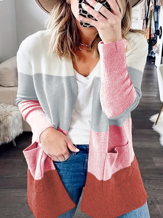  Colorblock Open Front Cardigan With Pockets
