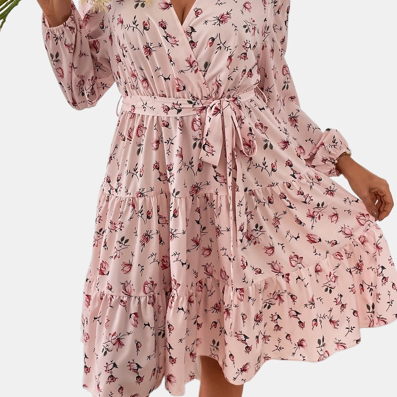 Women's Plus Ditsy Print Long Sleeve Smock Dress