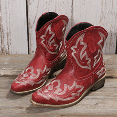 Women's V Cut Western Short Boots Low Chunky Heel Pointed Toe Shoes