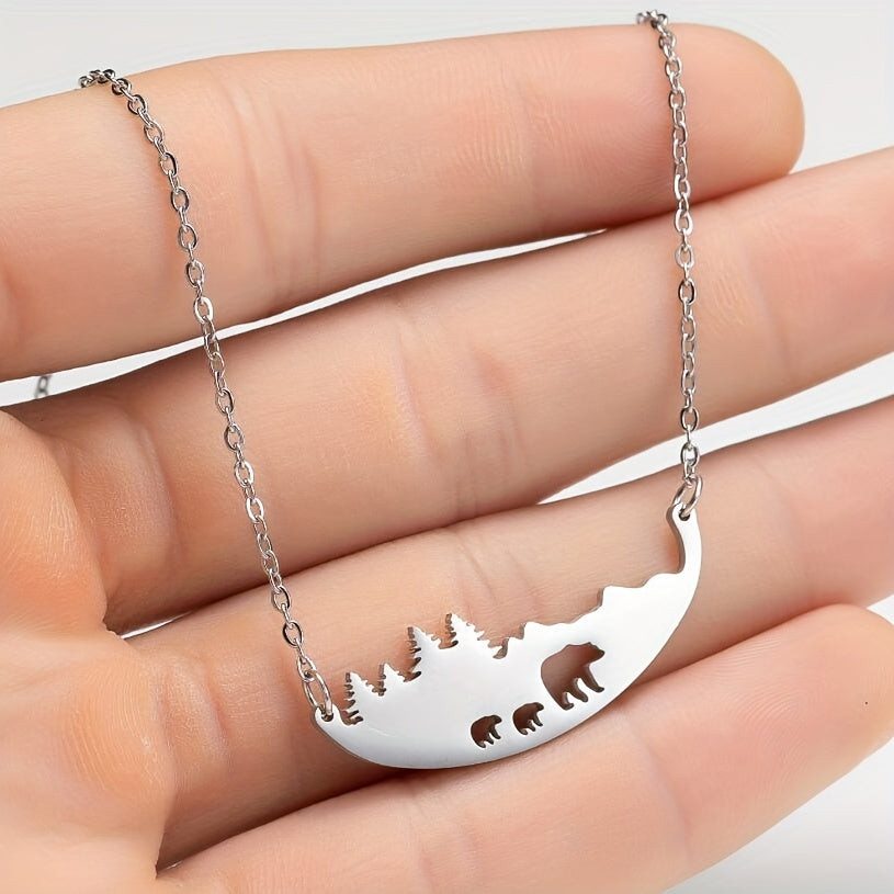 Hollowed Out Three Bear Necklace Stainless Steel Mother Bear Jewelry