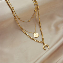 Vintage Style Golden Stainless Steel Necklace Set with Moon & Star Pendants