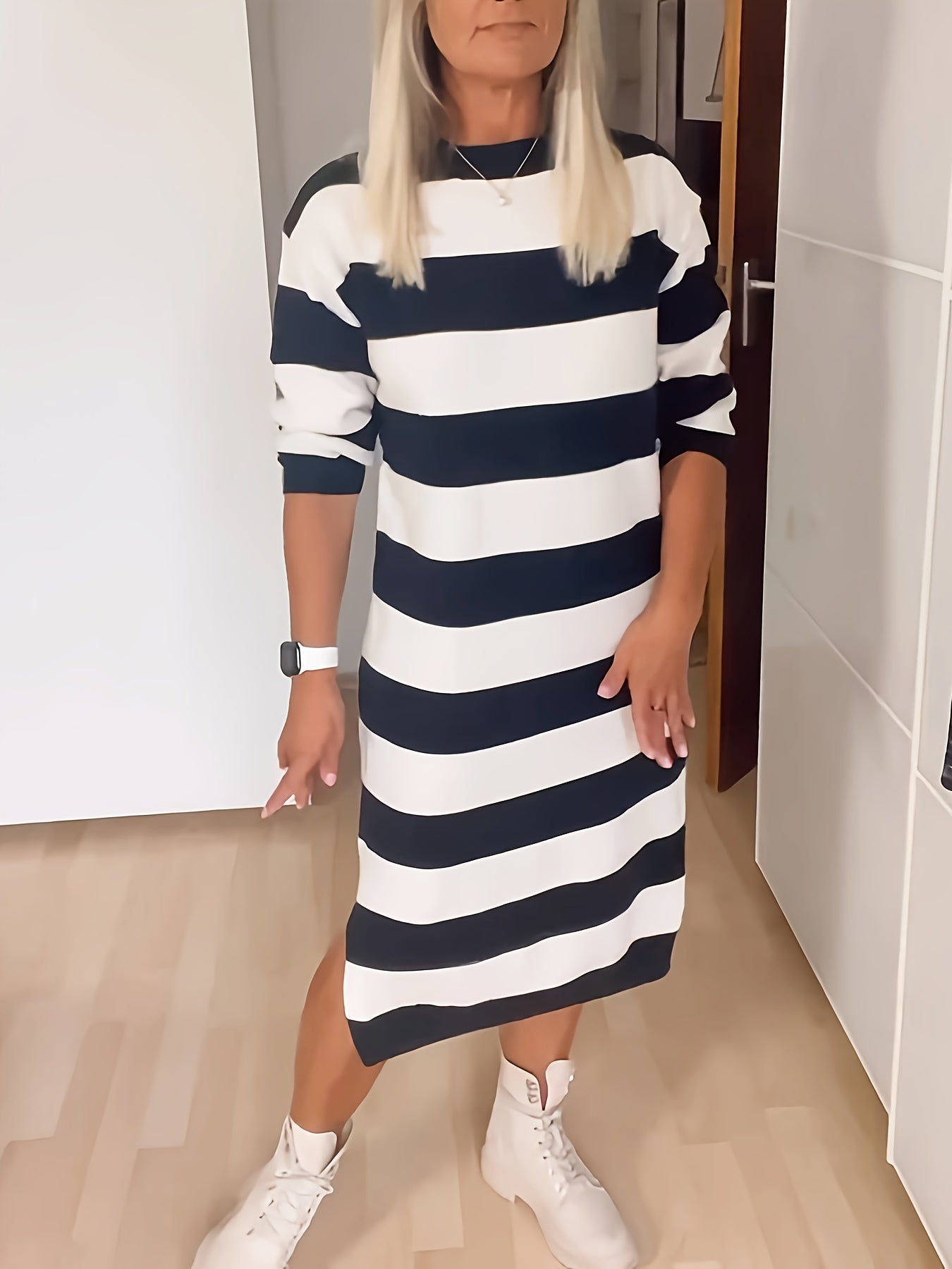  Casual Dress Women's Plus Stripe Print Long Sleeve Round Neck