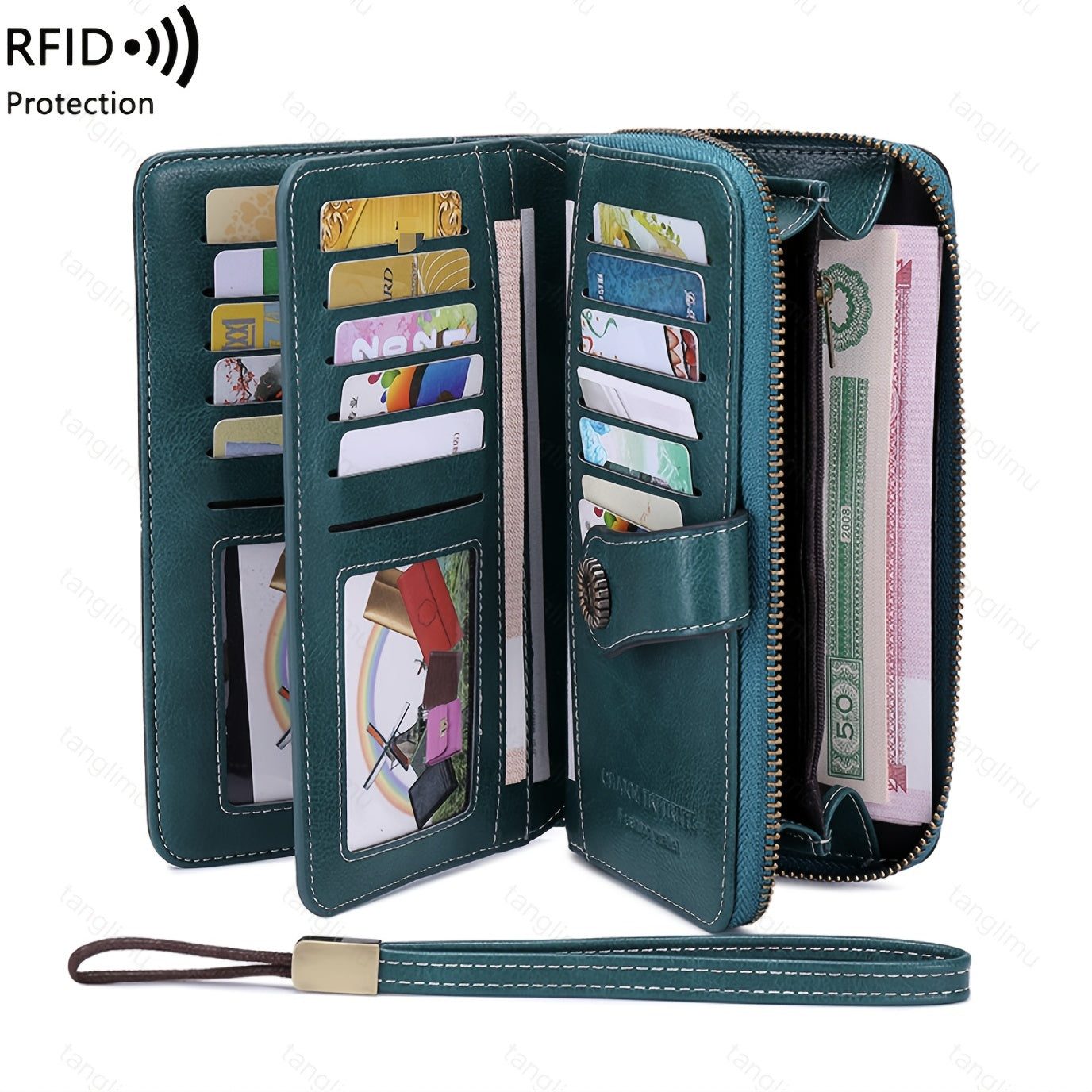 RFID Blocking Long Wallet with Wristlet Retro Style Faux Leather Wallet