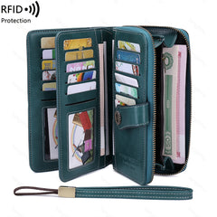 RFID Blocking Long Wallet with Wristlet Retro Style Faux Leather Wallet