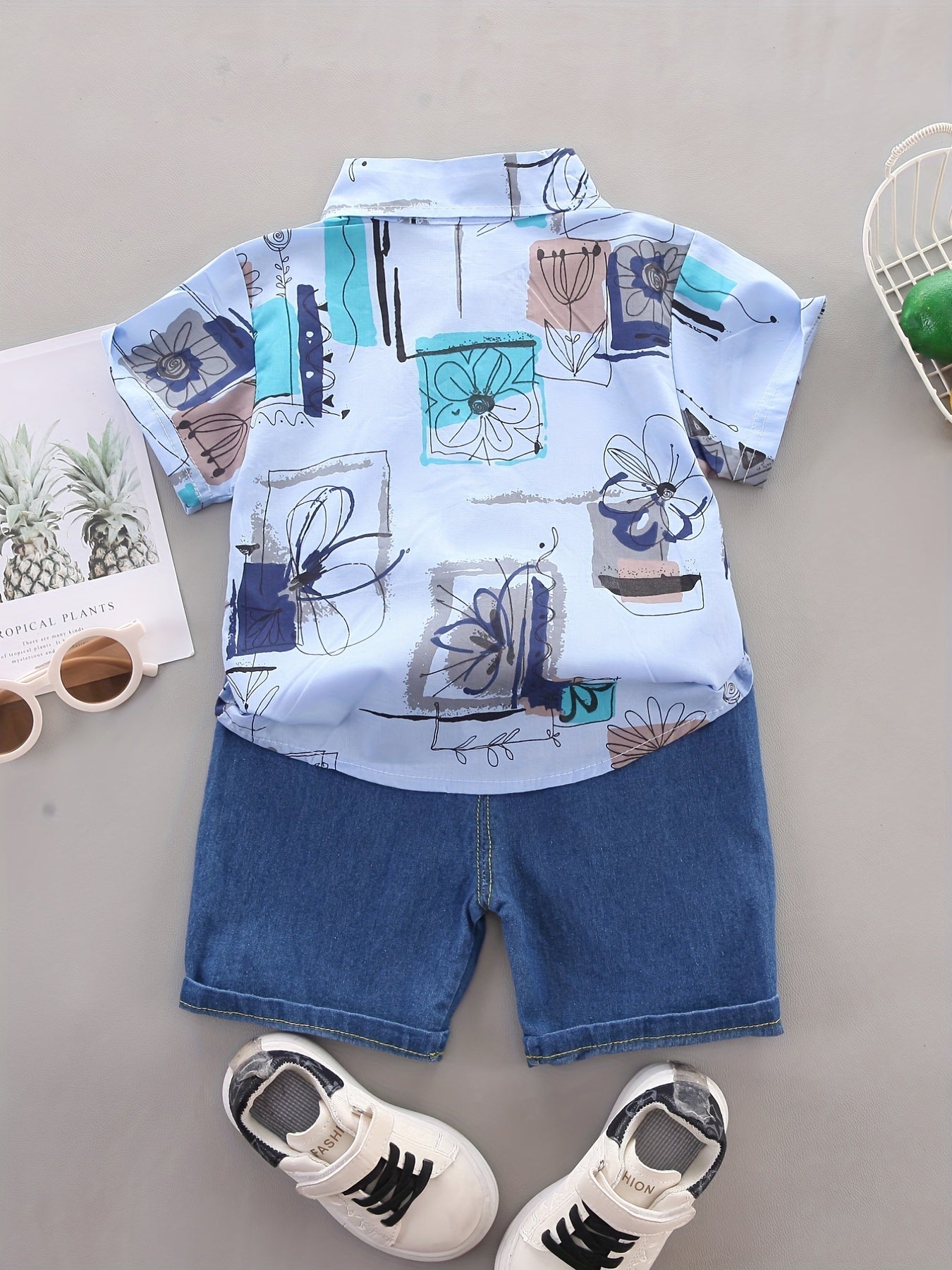 Boys Geo Pattern Lapel Shirt & Denim Shorts Set