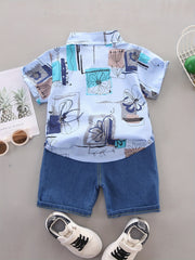 Boys Geo Pattern Lapel Shirt & Denim Shorts Set