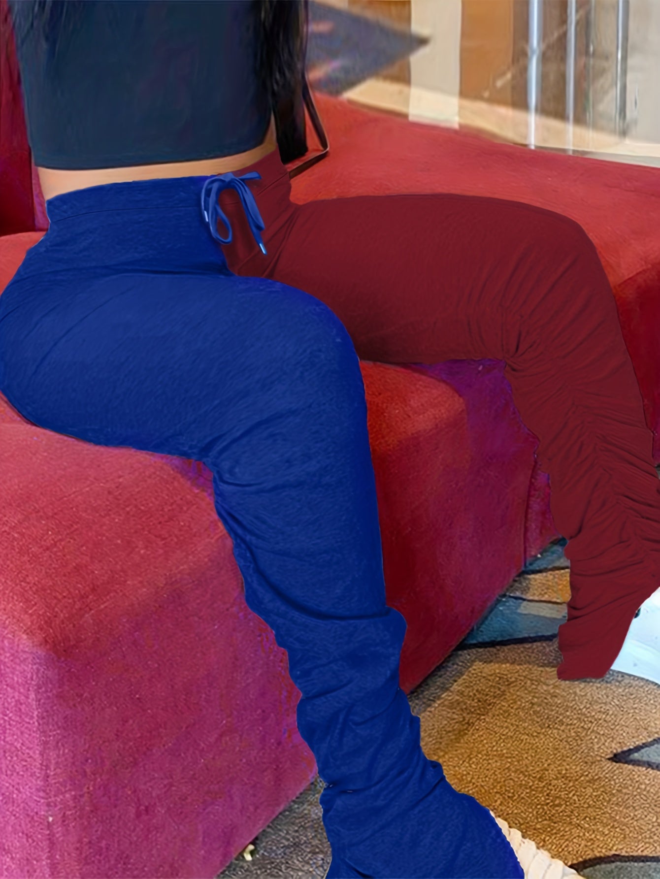  Colorblock Elastic Drawstring Ruched Leggings