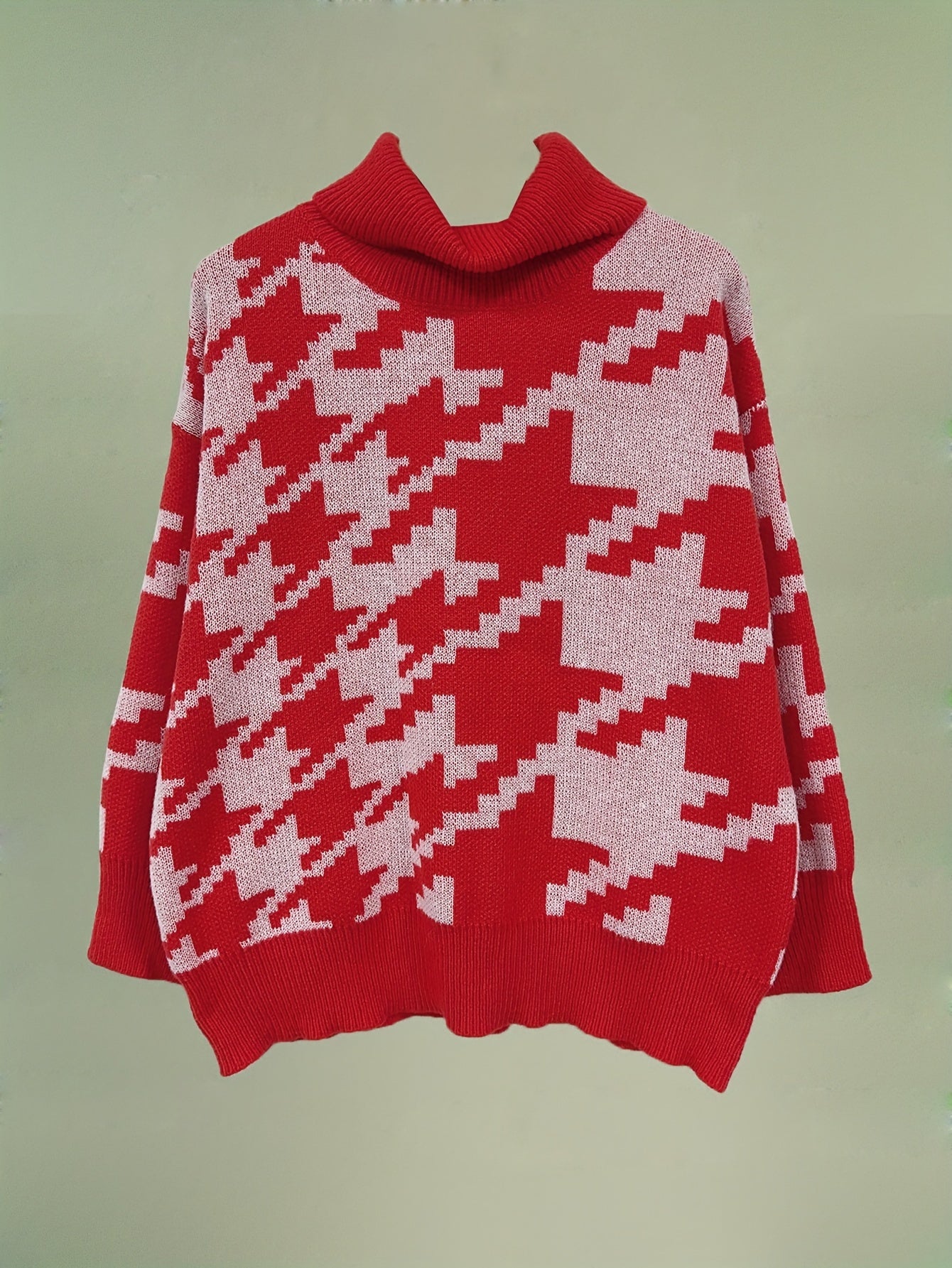  Houndstooth Print Turtle Neck Jumper