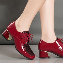 Women's Square Toe Block Heel Lace Up Mid Heels Faux Patent Leather Pumps