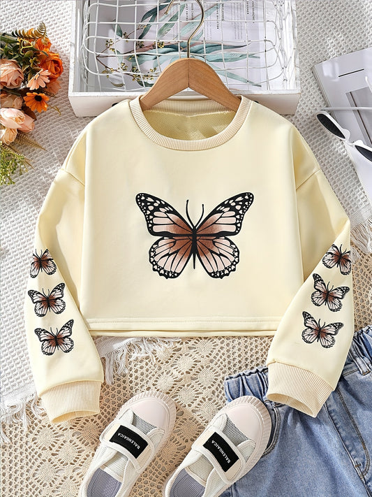 Girls Vintage Butterfly Print Crew Neck Sweatshirt Top Pullovers