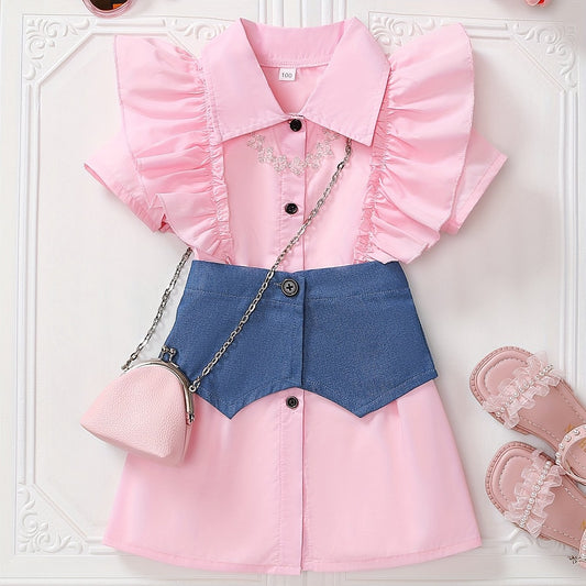 Toddler Girls Denim Spliced Shirt Dress with Ruffle Trim