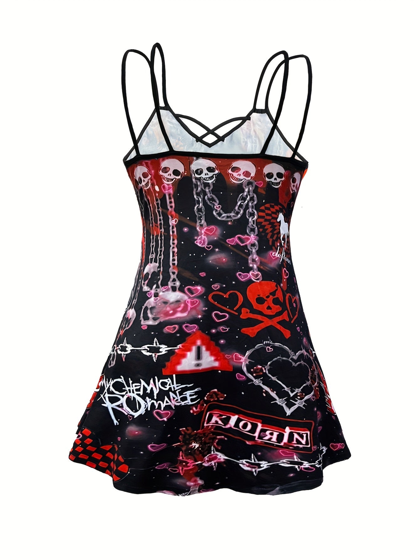 Goth Cami Dress Women's Plus Graphic Print Criss Cross V Neck
