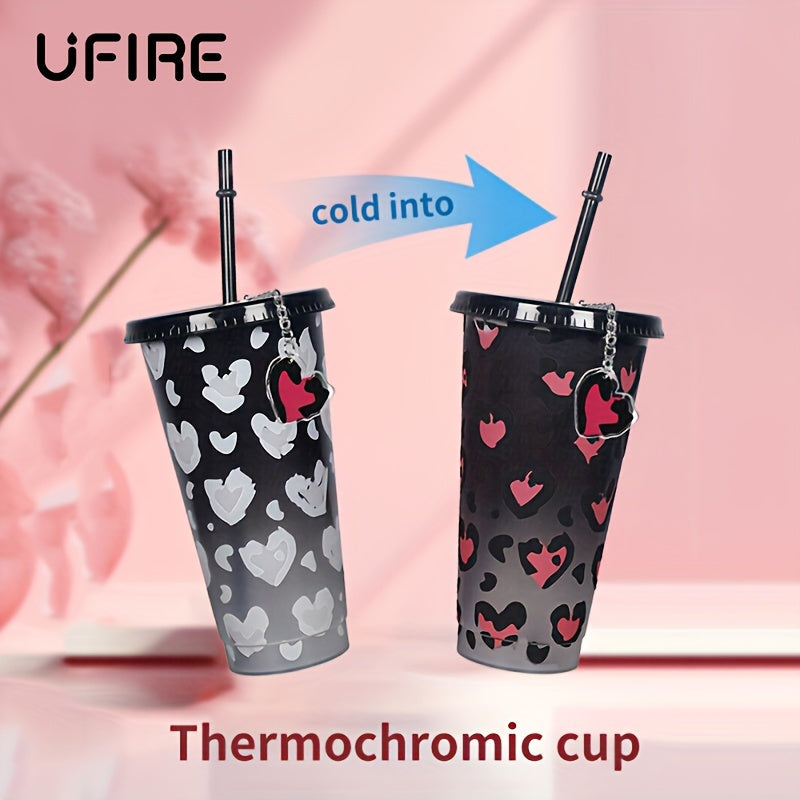 Love Heart Pattern Changing Cup With Straw And Lid 710ml